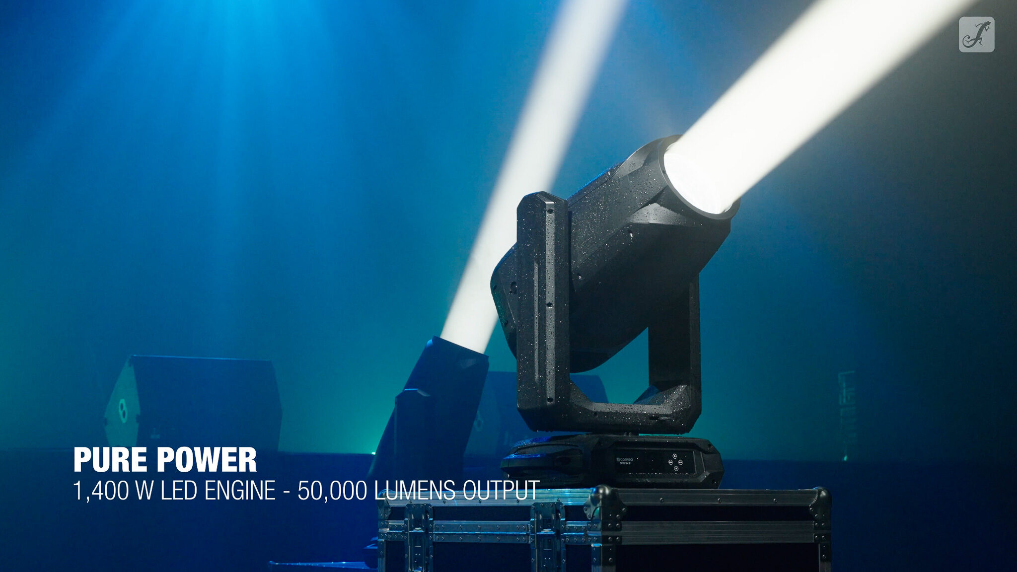 Neue Cameo OPUS X4 IP steht auf einer Kiste und strahlt helles weißes Licht aus.